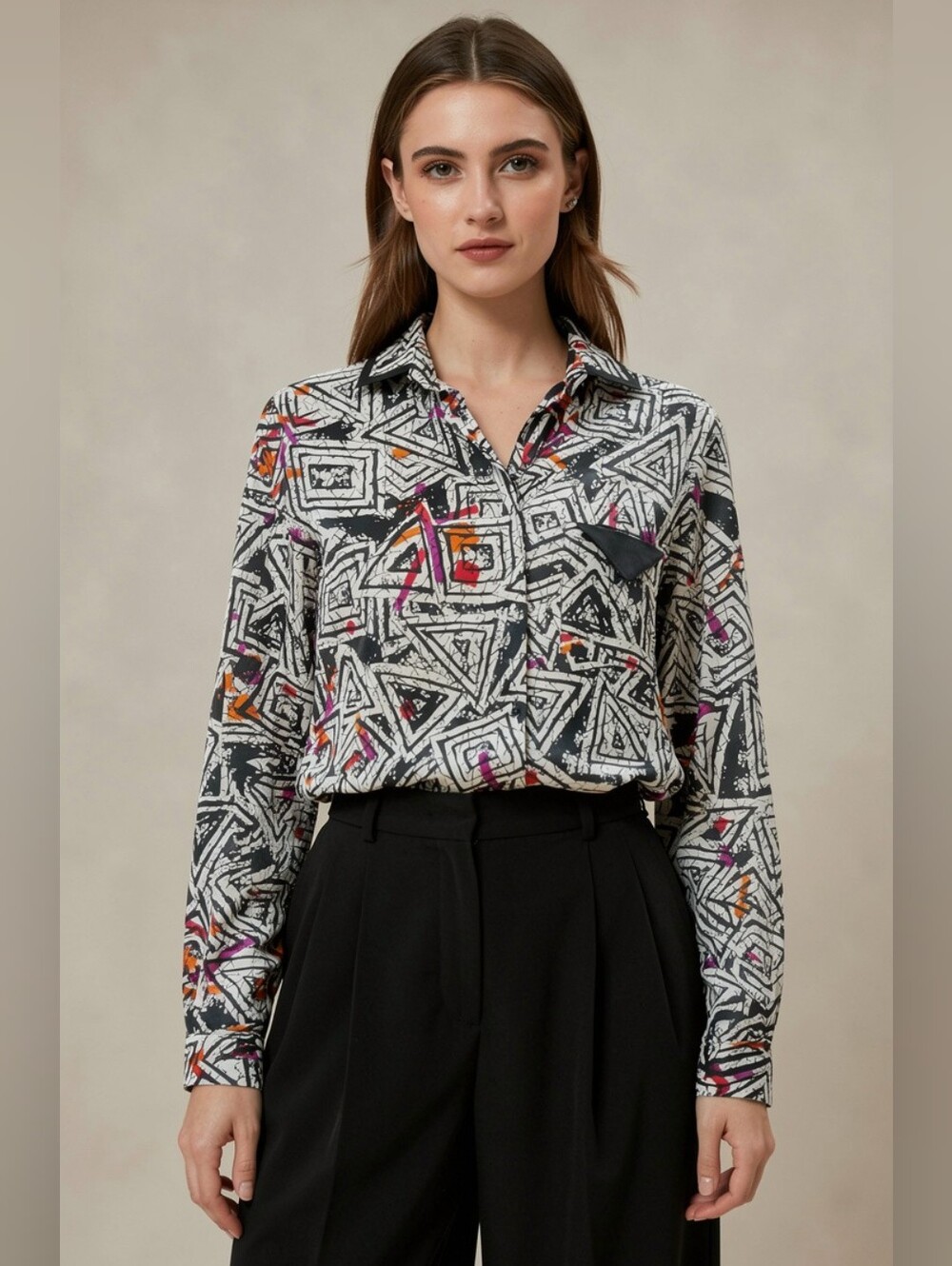 Abstract Geometric Print Button-Up Blouse in Black & White with Accent Colors